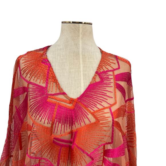 Jen's Pirate Booty Cover-Up Top Sheer Embroidered Pink Orange Size XS/Small - Picture 2 of 11